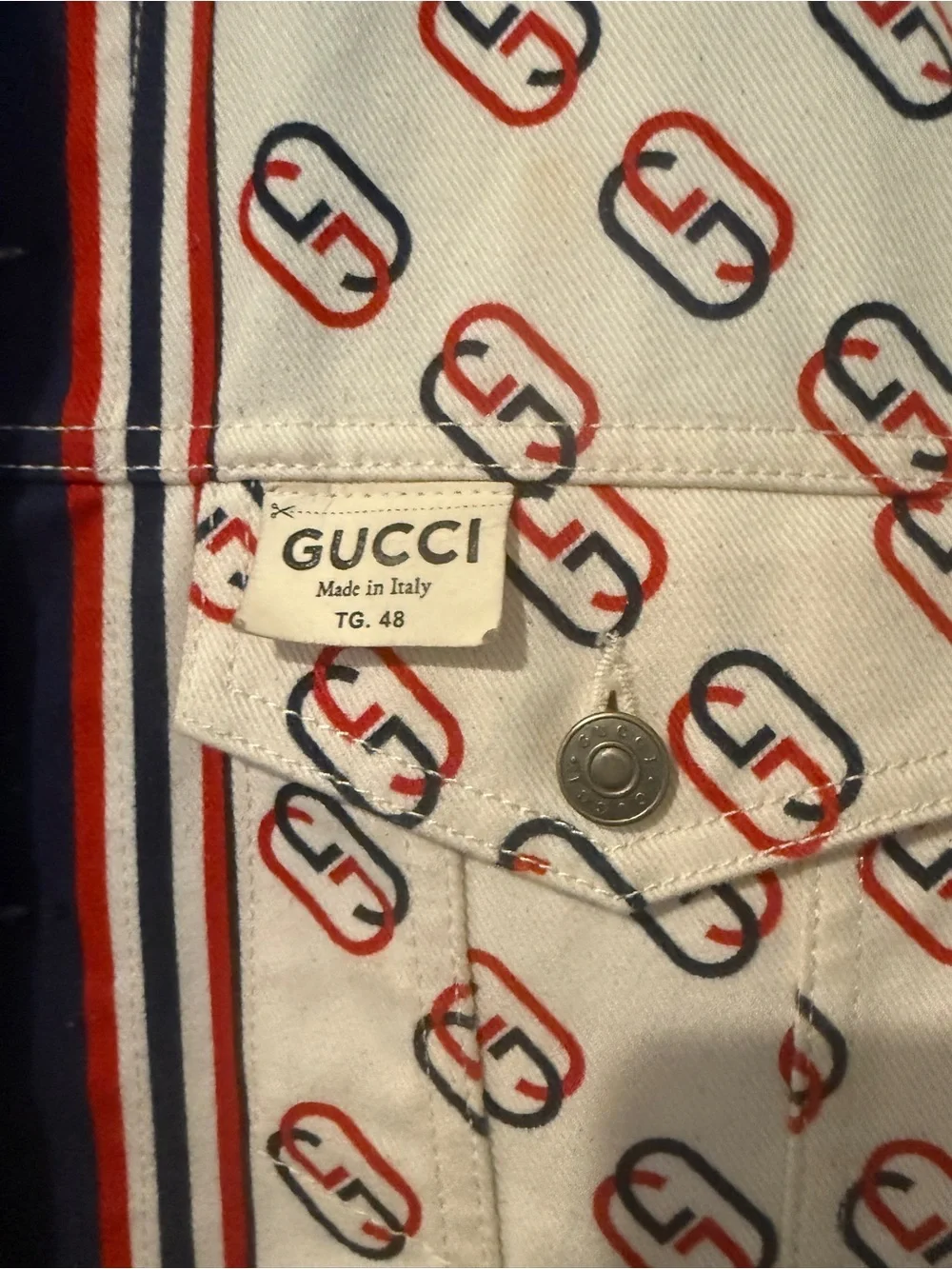Gucci Cream Logo-Print Cotton Jacket with Navy & Red Trim